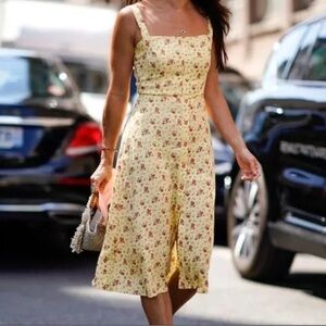 Reformation Yellow Floral Print Midi Length Dress Size 8